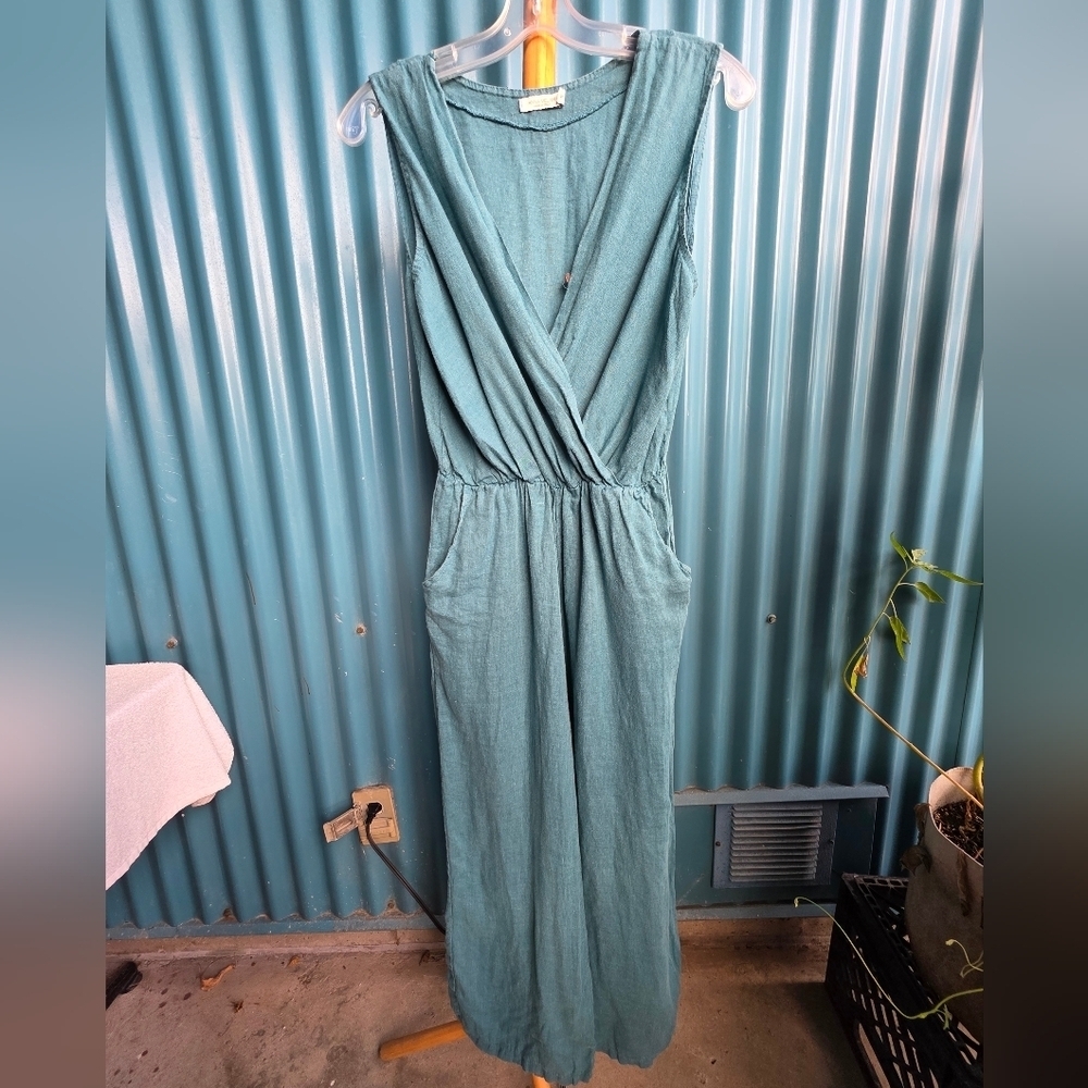Anna Melani Sleeveless Teal Jumpsuit Pantsuit Small 100% Linen